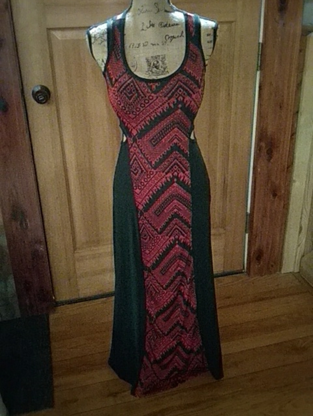 Sleeveless Red Patterned Panel Maxi Dress
